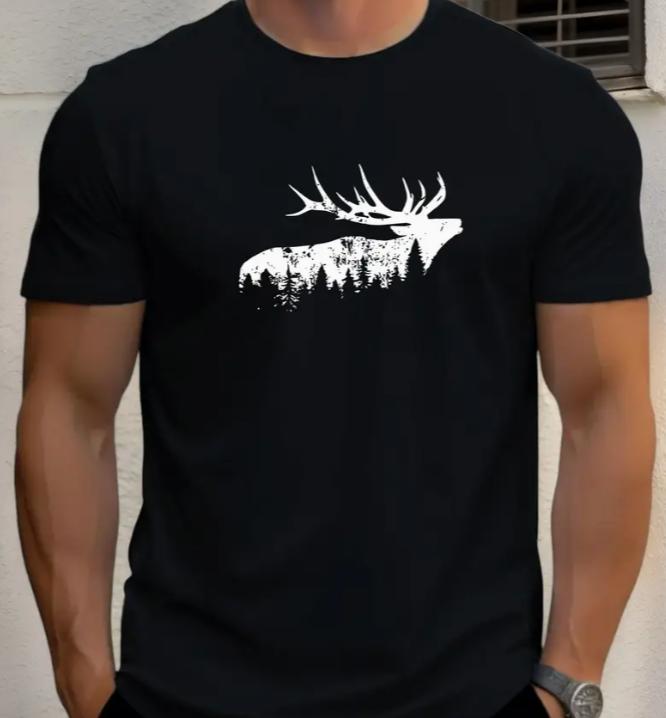 Unisex Maroon Deer Forest Graphic Tshirt Summer Casual Fashion Short Sleeve Round Neck Tee With White Stag Print Unisex Clothing