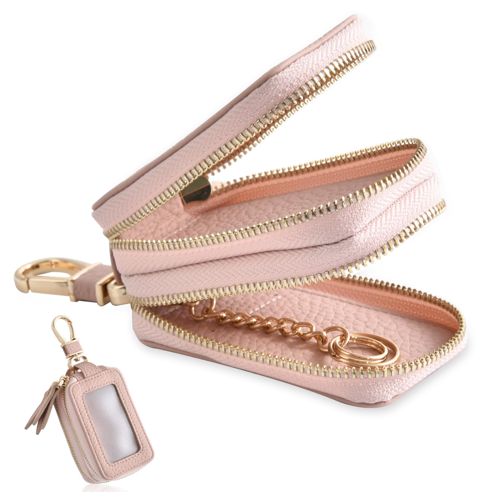 

YooFa Умный ключ вмещает 2 автомобиля, ПУ кожа с прозрачным окошком и карабином, дизайн с двойной молнией, вертикальный двойной ключ, чехол-кейс для ключа от автомобиля с умным ключом,