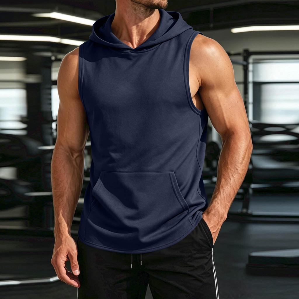 Men's Sleeveless Hoodie Lightweight Quick Dry Sports Vest with Front Pocket for Outdoor Running Gym Training