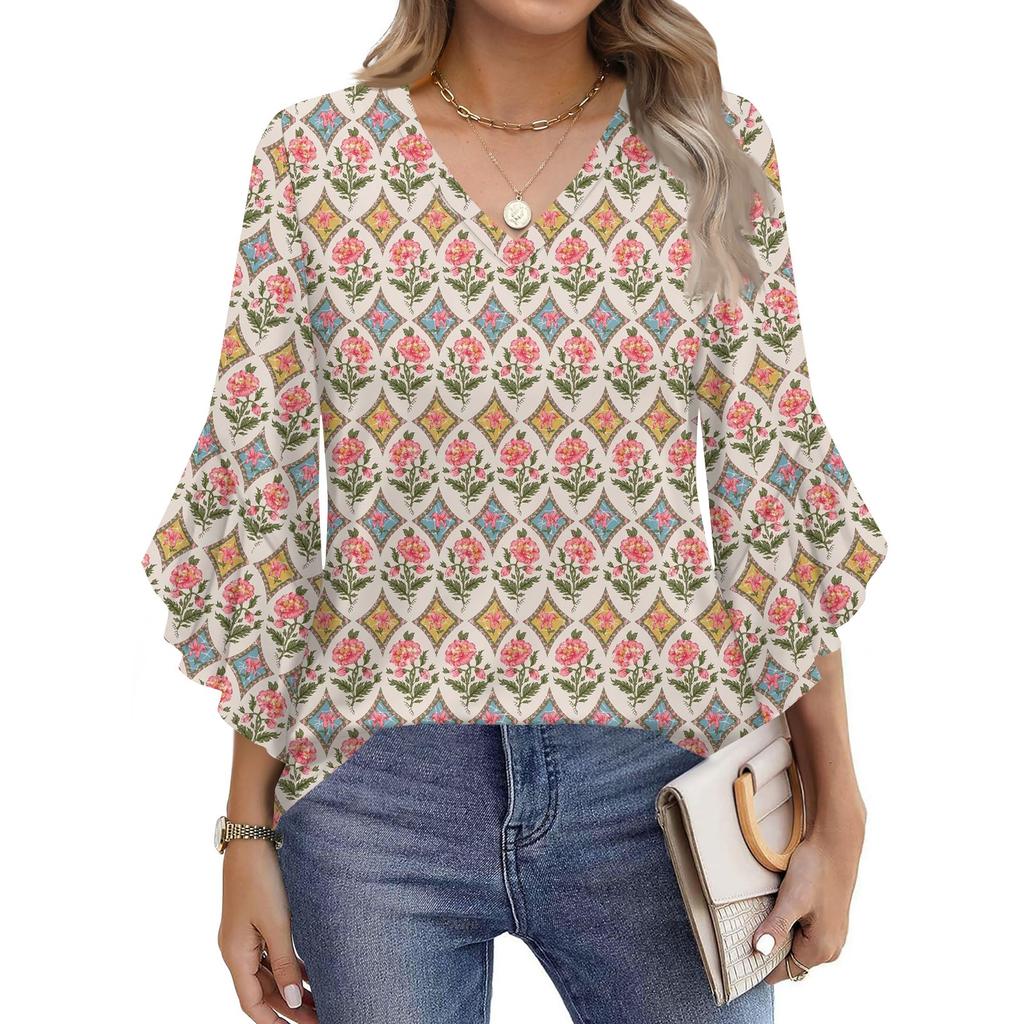Blouses For Women Dressy Casual 3/4 Length Sleeve Womens Tops V Neck Tshirts Shirts With Flared Sleeve