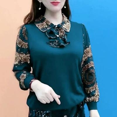 Camicia Casual Vintage Stampata Commute Colletto Peter Pan Bottoni Primavera Autunno Abbigliamento da Donna Moda Volant Spliced Blusa Larga