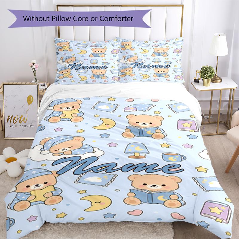 Conjunto de Roupa de Cama com Urso e Nome Personalizado 3 Peças Capa de Edredom com Fecho Inclui 1 Capa de Edredom e 2 Fronhas, Macio e Confortável para Todas as Estações.