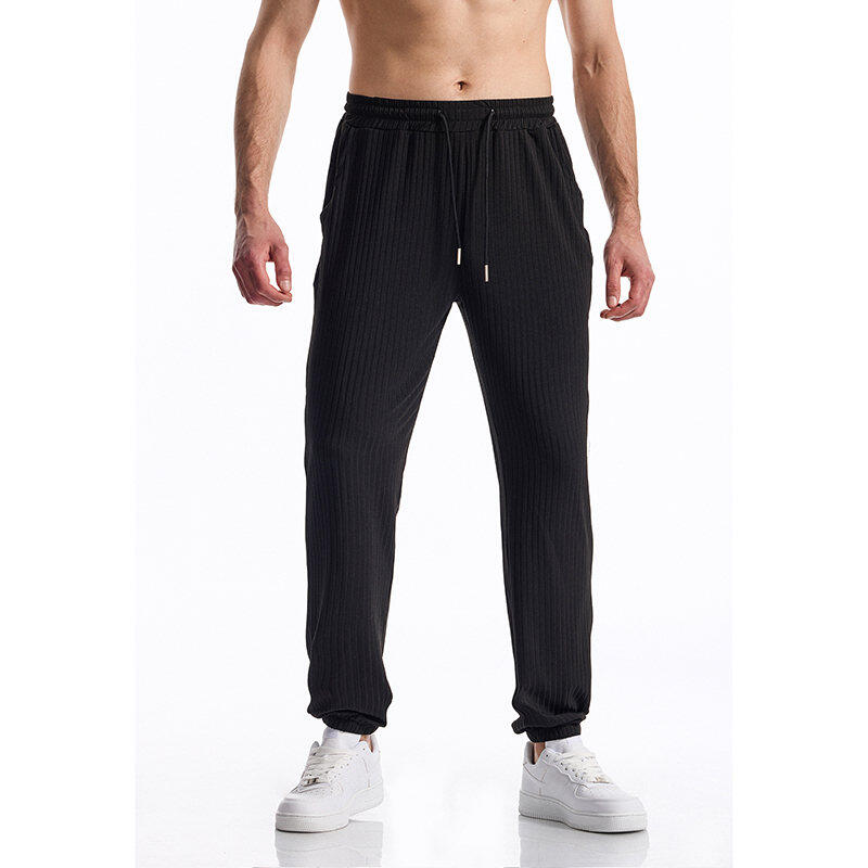 Men's Spring/Spring Ribbed Pants Elastic Waistband with Drawstring Straight Leg Comfortable and Versatile for Everyday Wear