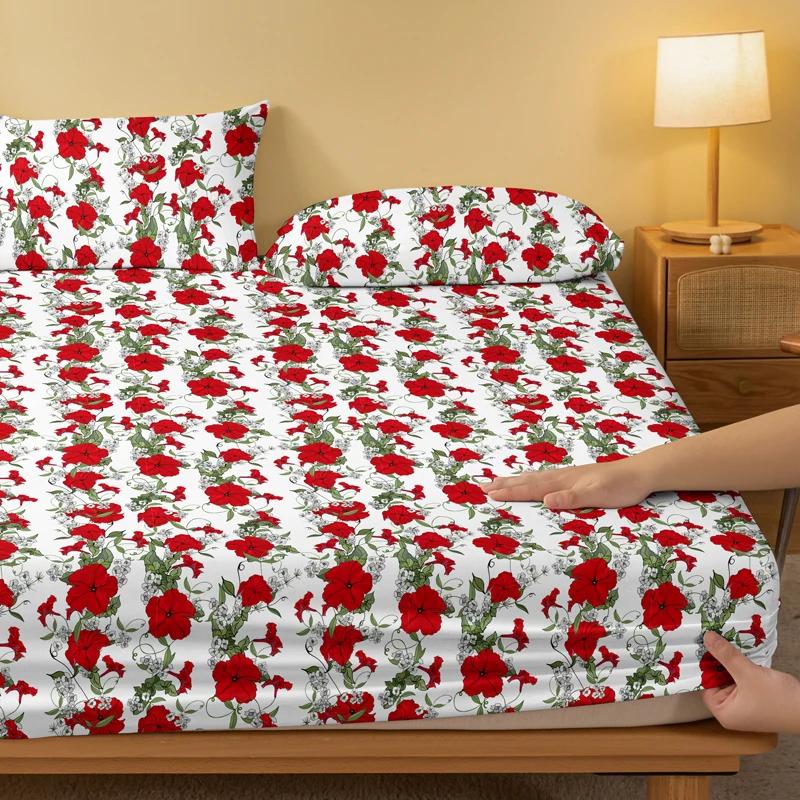 Simple 1 Modern Plant Flower Printed Matte Fitted Sheet, Bedroom Printed Bed Cover, Bedding Excluding Pillowcases