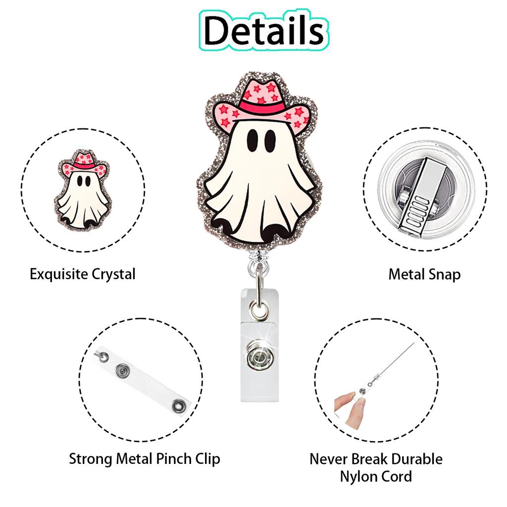 Acrylic Halloween Ghost Skeleton Cat Dinosaur Rotatable ID Badge Holder Retractable Badge Reel Buckle Gifts for Doctor Nurse