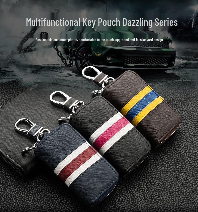 Men's Waist-Hanging Car Key Pouch with Stripe Zipper and Buckle