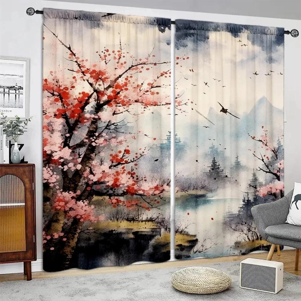 2ks Chinese Mountain lnk Painting Print Curtain, Digital Printing Curves for Living Room Ložnice Kuchyň Studovna, Domácí dekorace