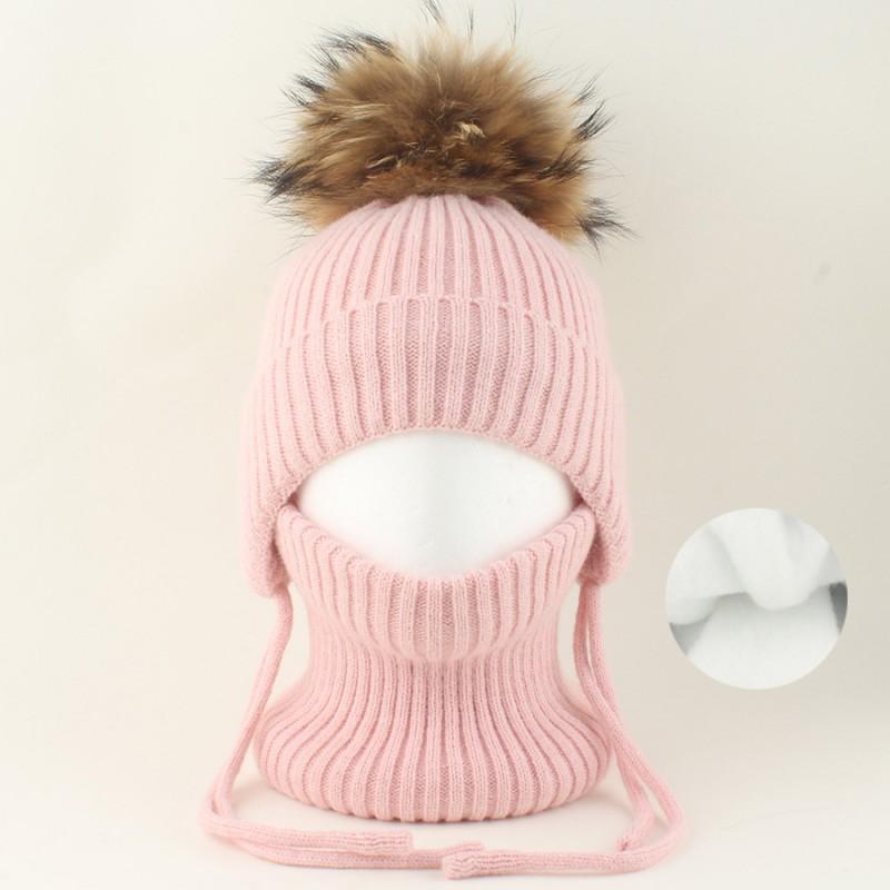 Kids Warm Knitted Hat With Faux Raccoon Fur Pom Matching Scarf Set Winter Cap Boys Girls