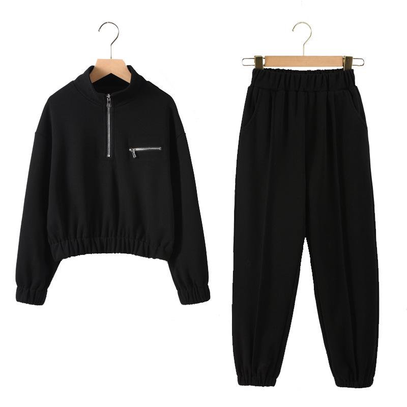 

Комплект спортивной одежды из двух предметов для девочек в корейском стиле: Свитшот и длинные брюки - Повседневный школьный наряд Осень 2025 140 cm чёрный