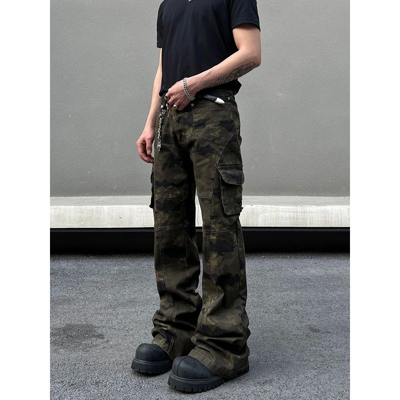 Blaexit American High Street Vibe Scimitar Camouflage Pants Slightly Flared Cargo Pants Men's Straight Slim Casual Long Pants