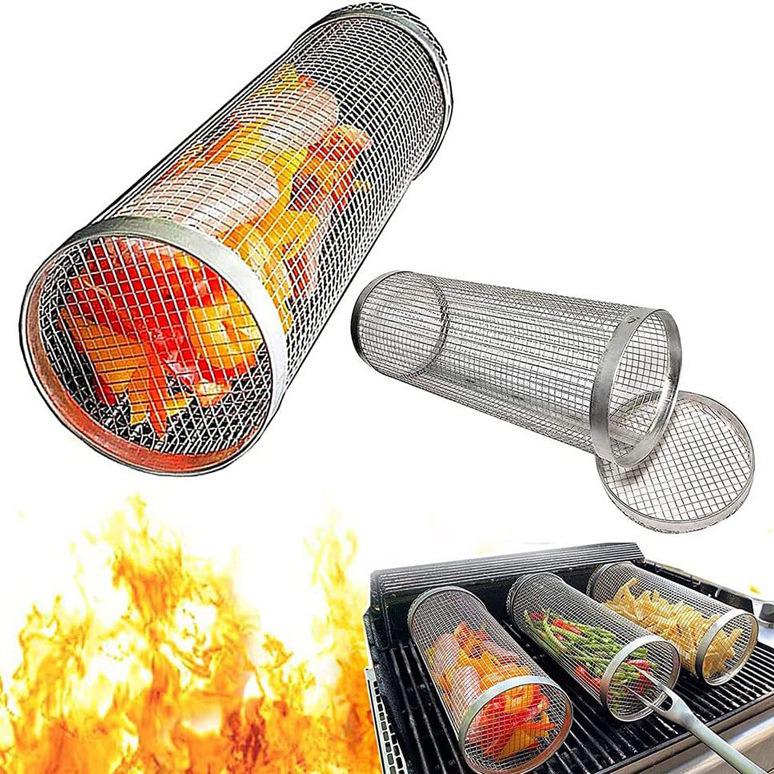 304 Stainless Steel BBQ Cage Cylinder Grill Smoker Mesh Basket - In Stock