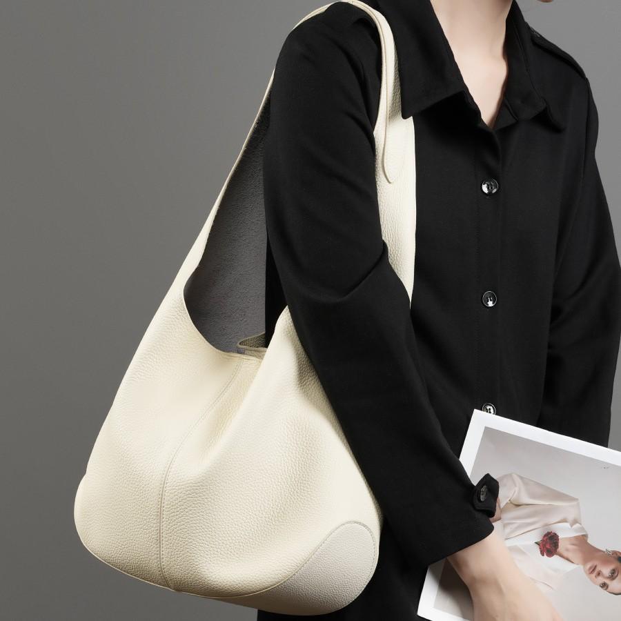 New South Korea Internet Celebrity Women's Bag Bucket Bag Large Capacity Top Layer Leather Tote Bag High Sense Underarm Shoulder Genuine Leather Bag