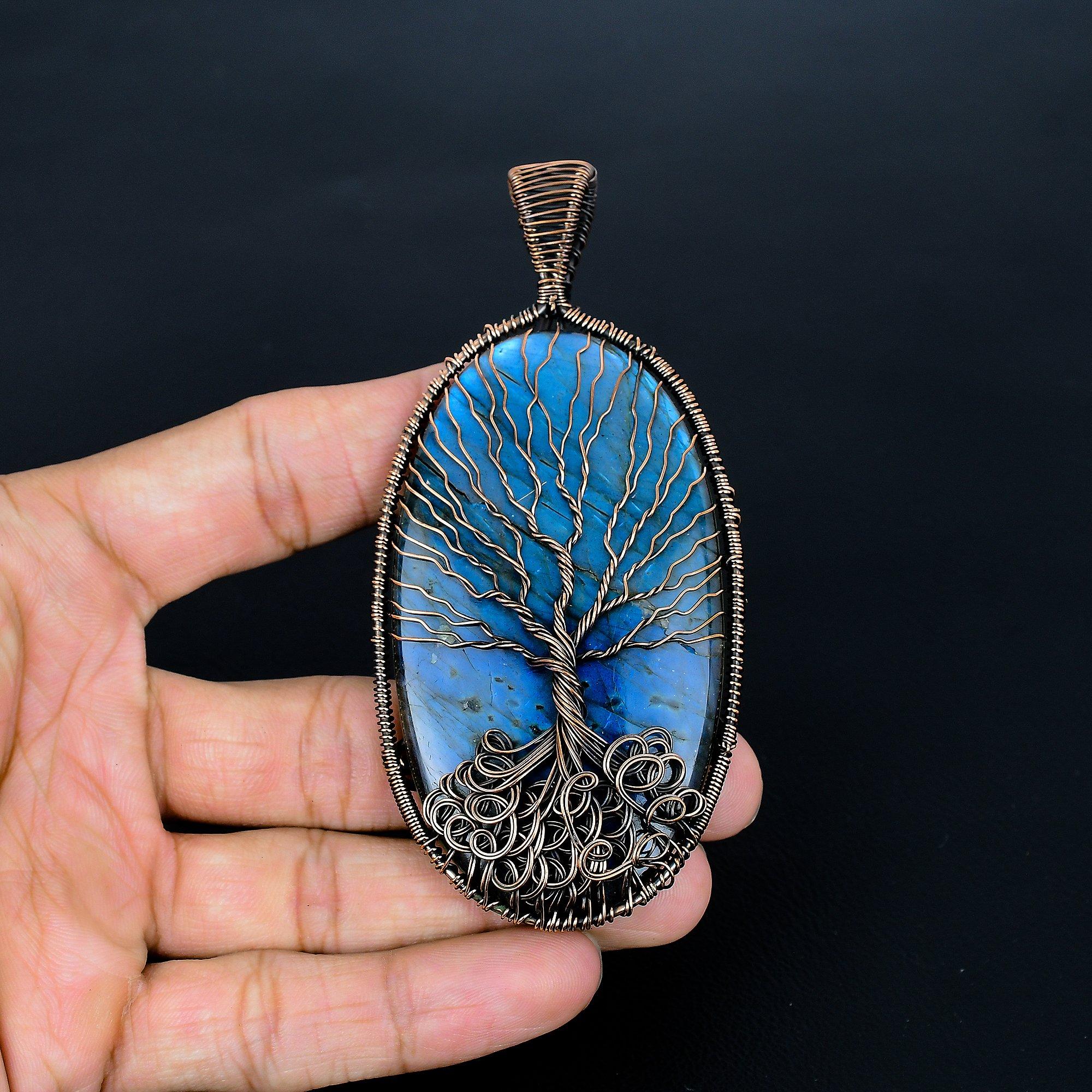 

Tree Of Life Labradorite Pendant, Handmade Gemstone 999 Copper Wire Wrap Pendant Antique Jewelry, For Gift Silver Jewelry 4.13 Inches синий