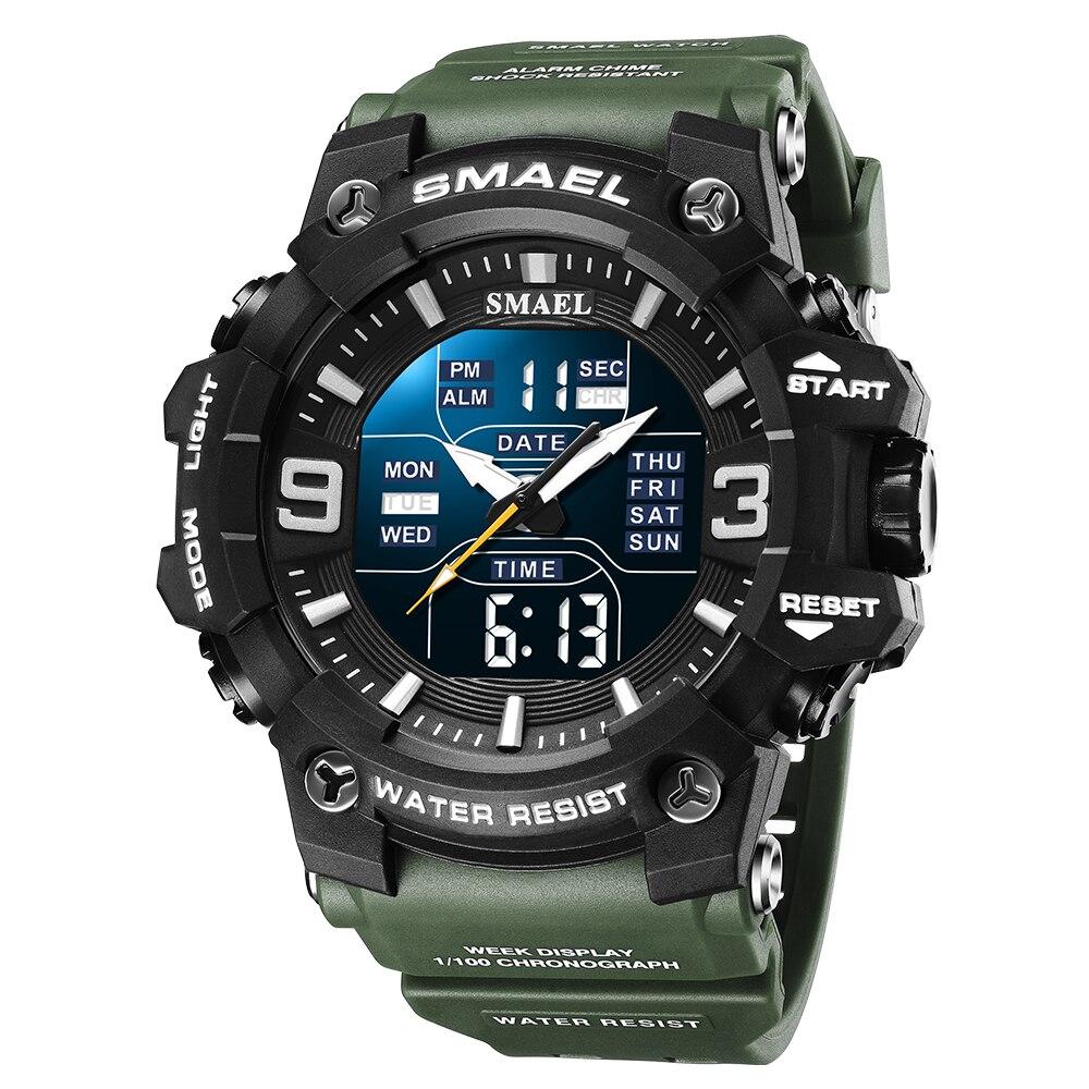 SMAEL Heren Dubbele Display Horloges Sport Waterdicht LED Licht Wekker Dubbele Tijdweergave Week Automatische Datum Polshorloges 8049 Sport Polshorloge