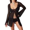 Women Bikini Cover Up Solid Color Cutout Long Sleeve Tie-Up Summer Swimsuit Coverup Crochet Bathing Suit Cover Ups Beach Tops