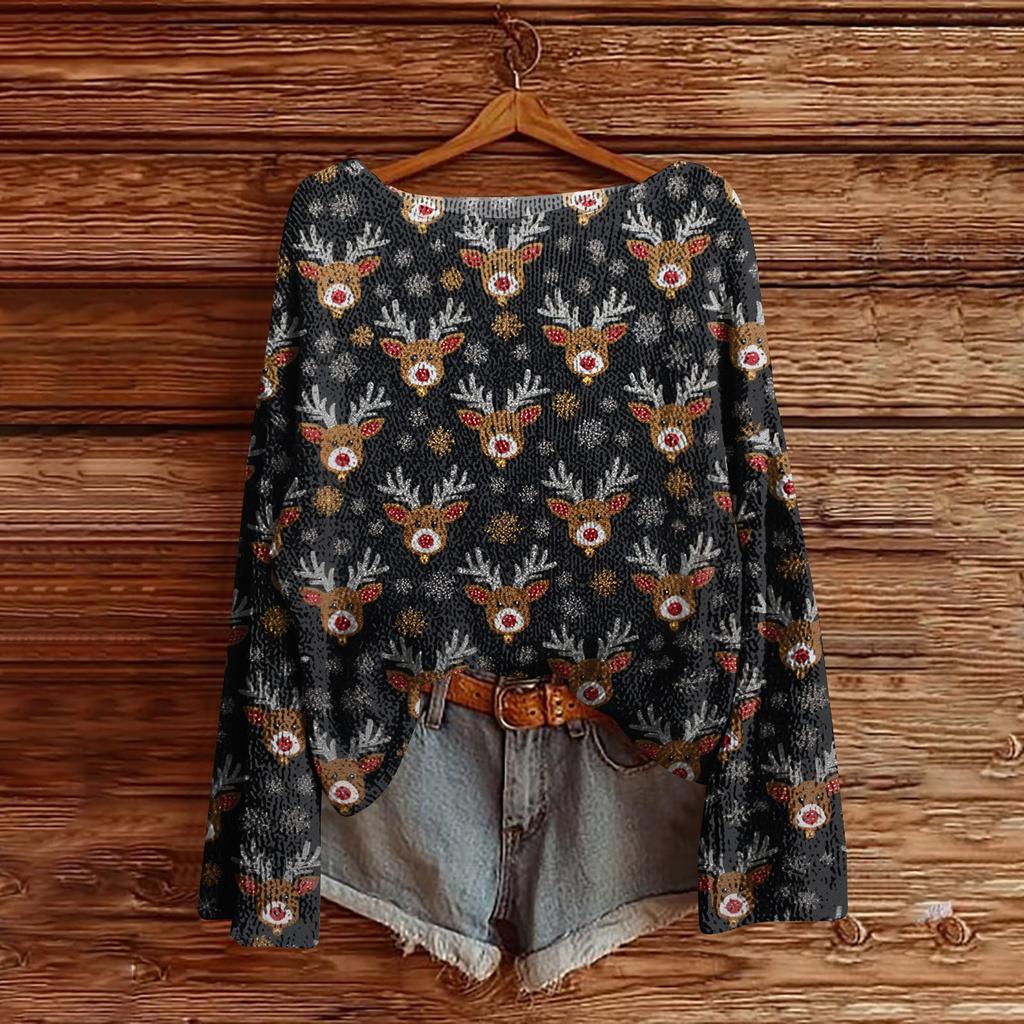 Women's Christmas Print Lightweight Sweater Casual Long Sleeve Knitted Pullover