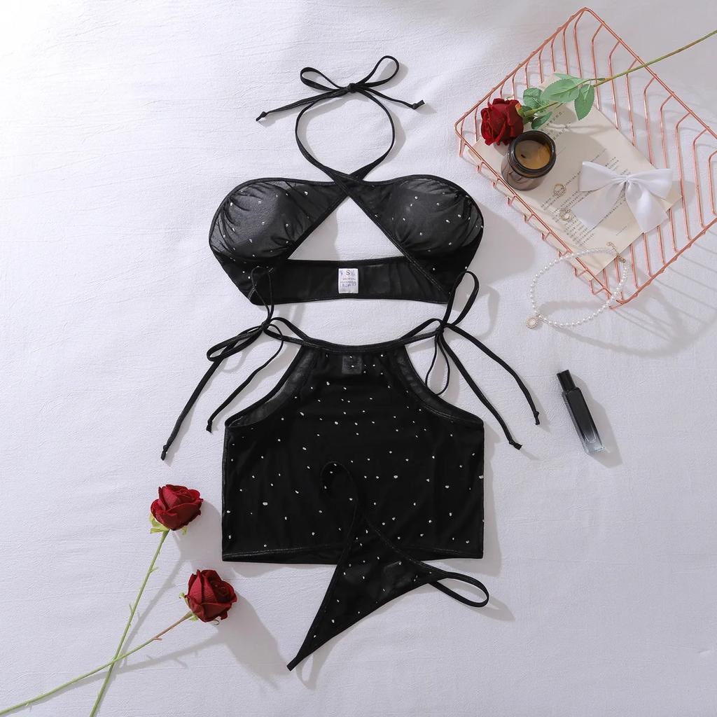 Lingeries Sexy Women Black Cross Halter Hollow Bra Brief Skirt Starry Transparent Underwear Set 3 Piece Erotic Lingerie Sets