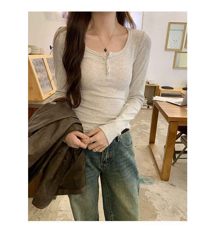 Women's U-Neck Long-Sleeve Shirt: Grey, Simple & Versatile - Perfect Autumn 2025 Base Layer