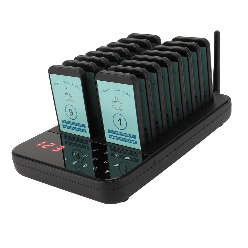 Wireless Pager System 16 Pagers 500m Long Range 1‑999s Setting Vibration Flashing Buzzer Restaurant Calling System