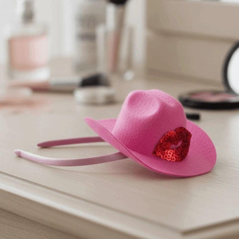 Filz Rosa Cowboyhut Stirnband Kunststoff Glänzender Lippenabdruck Haarband Valentinstag Haarreif Frauen