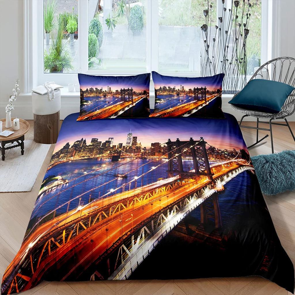 Cityscape Duvet Cover Set New York City Night View Quilt Cover For Boys Adults Microfiber Building Bedding Set 2/3Pcs King Size