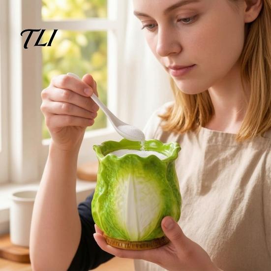 Ceramic Seasoning Container Cabbage Shaped Lard Jar with Lid Spoon, 350ml Kitchen Sealed Shape Spice Container, Multi Purpose Storage Pot for