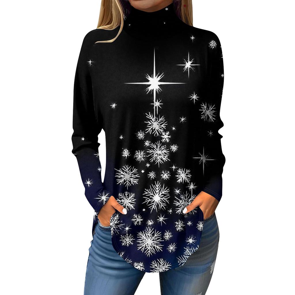 Women's Fashionable Loose-Fit High-Neck T-Shirt With Christmas Print Long-Sleeved Top