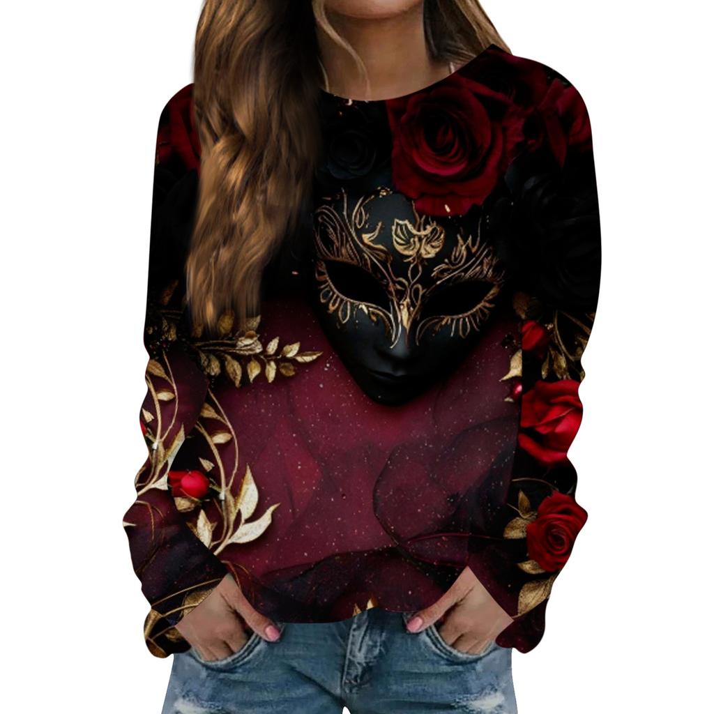 Women's Fashion Casual Long Sleeved Print Round Neck Sweater Top