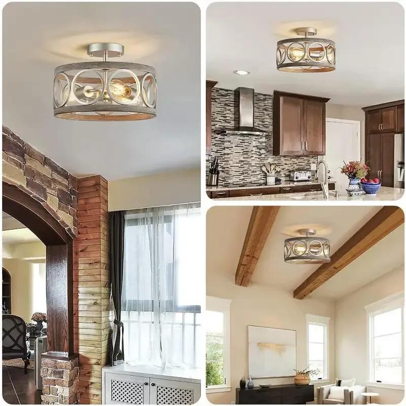 Industrial Retro Circular Pendant Chandelier Lighting Farmhouse Iron Art Wood Grain For Restaurant Home Bedroom Ceiling Light