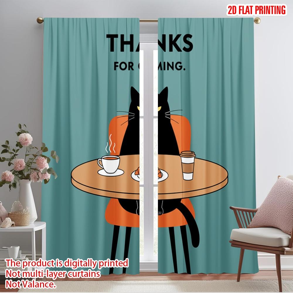 2pcs 2D flat printing Party Window Curtains Cat Coffee Croissant Break Polyester Without Electricity Party Decorations for Home