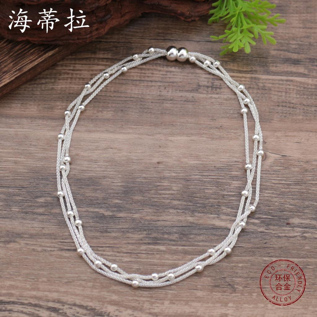 New Multiple Silver Bead Magnetic Necklace, Women's Versatile and Advanced Sense Multi-layer Stacked Bead Chain