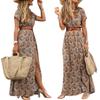 Women's Boho Print Short Sleeve High Waist Patchwork V-neck Beach Holiday Slimming Dress
