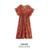 Spring 2025 Ethnic Print Batwing Sleeve Long Dress for Women - European & American Style Fashion