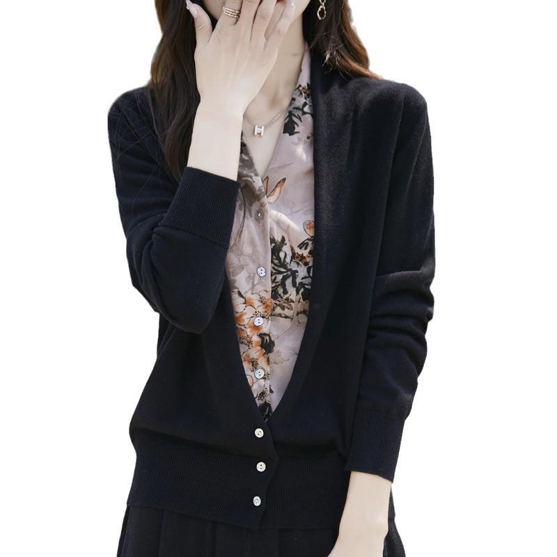 Women's Autumn Patchwork Knit Wool Cardigan - V-Neck Sweater Coat