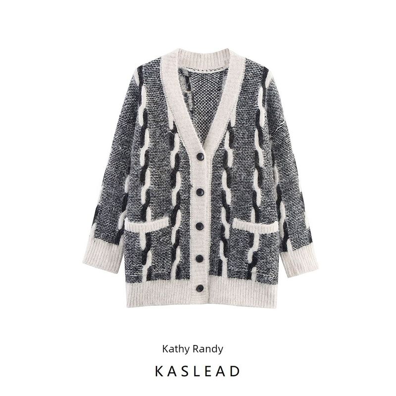 Kaslead New Women clothes Western Style Contrast Color Twist V-neck Loose Sweater Long sleeve Knit cardigan Outerwear