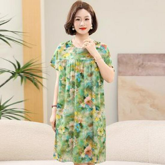 Summer Cotton Silk Knee-Length Floral Dress for Middle-Aged and Elderly Women - Short Sleeved, Lightweight, Plus Size, Loose Fit