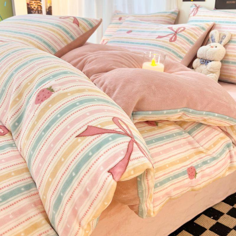 Vintermelk flanell 4-delt sett flens pluss flanell dynesett laken hatter Seng 3-delt sett