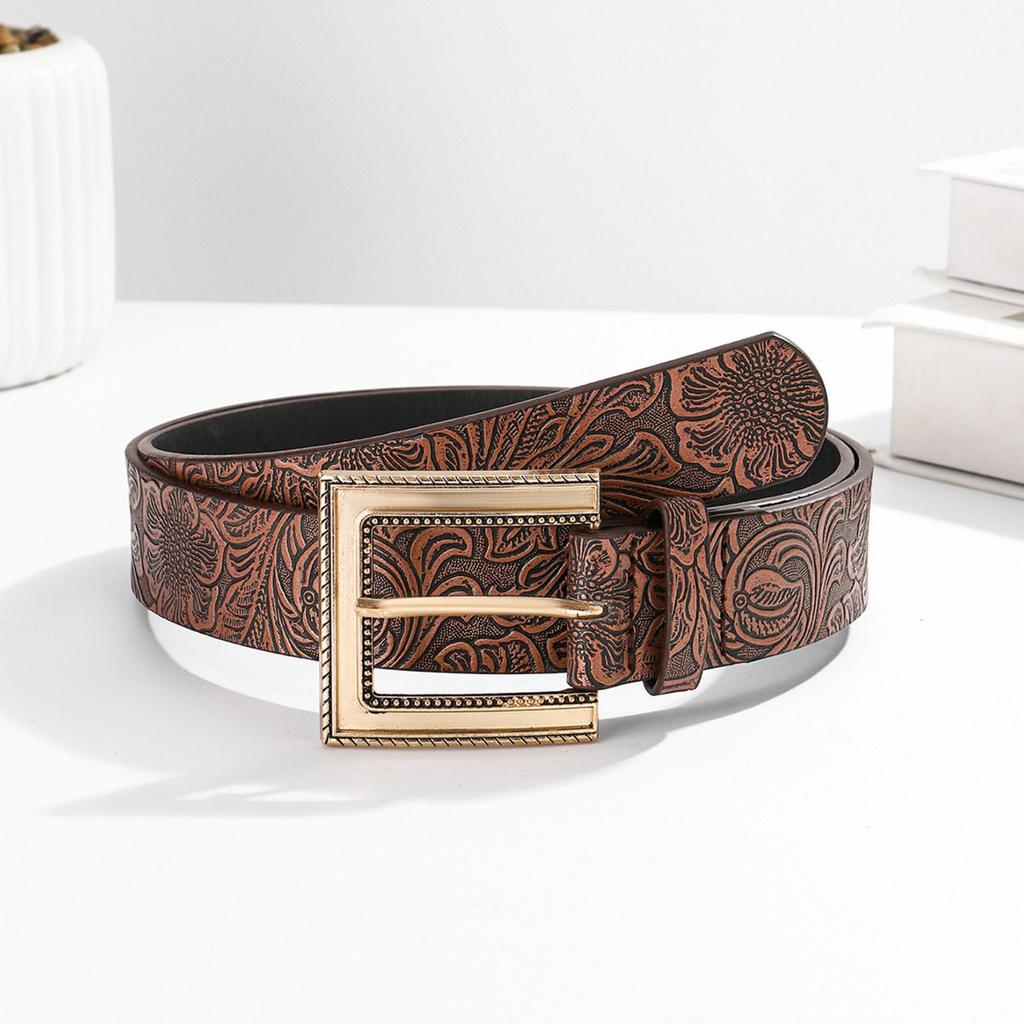 Geschnallter Gürtel mit Schnalle für Jeanshosen, ethnisches geprägtes Muster, Taillengürtel, westliche Stile, PU-Gürtel, Damen, Herren, Taillenriemen