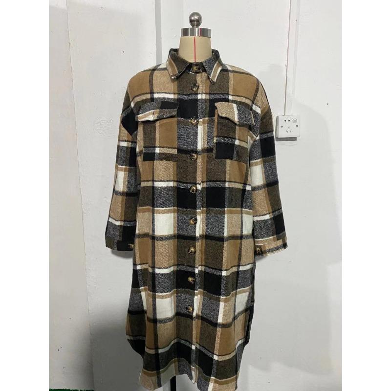 Women's Autumn Winter Plus-size Long Split Woolen Plaid Trench Coat