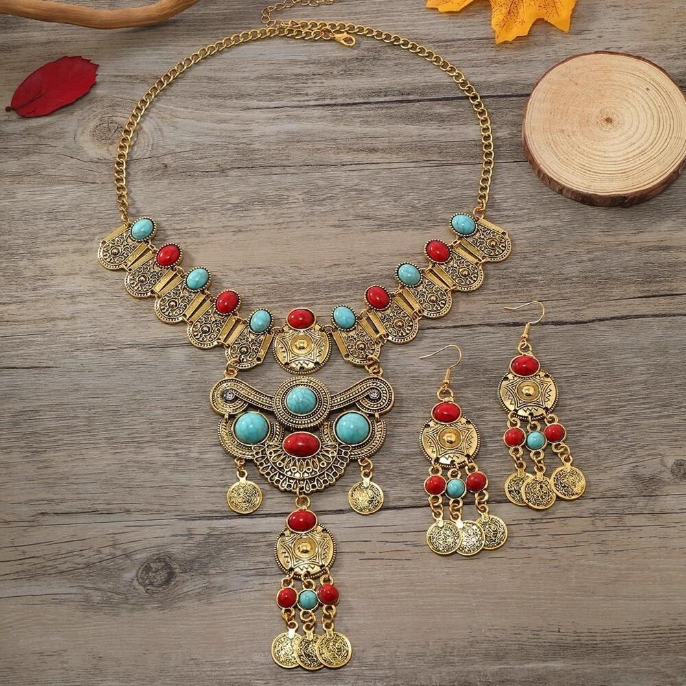 Western Jewelry Set Ethnic Vintage Imitation Turquoise Coin Tassel Necklace Earrings for Women Party Accessories