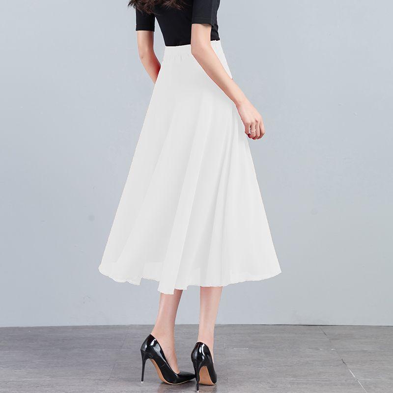 Sommer Neuer Einfarbiger Hellbrauner Chiffonrock Mittellang A-Linie Großer Schwung Damenrock Knielanger Rock