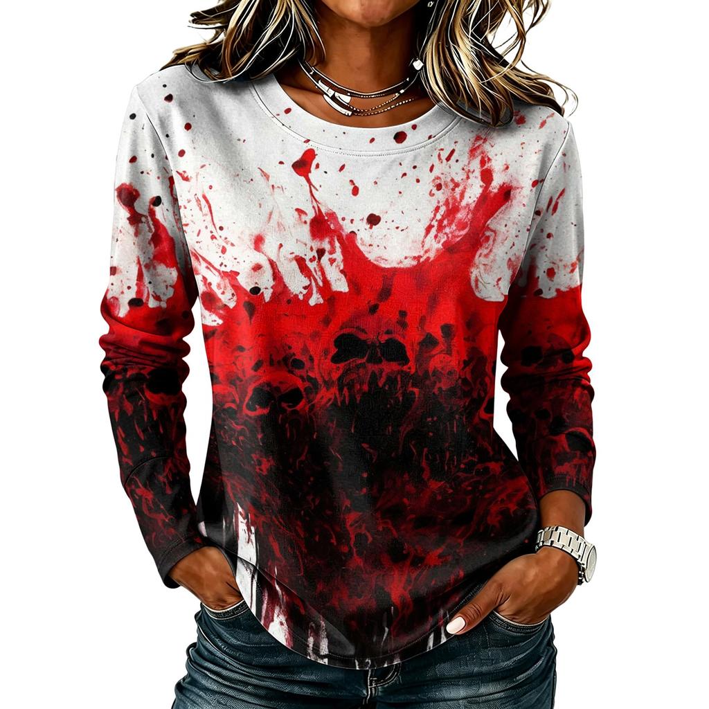 Women's Casual Long Sleeve Halloween Print Top, Round Neck Blouse for Fall Daily Wear