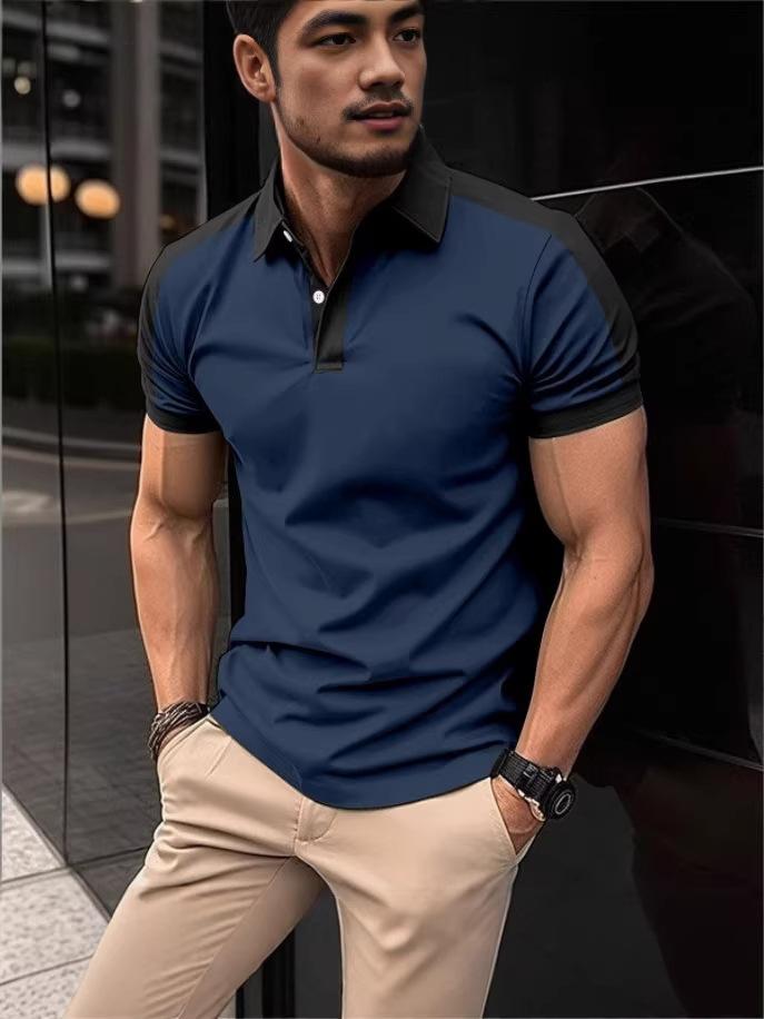 Mens Fashion Color Block Short Sleeve Casual Polo Shirt