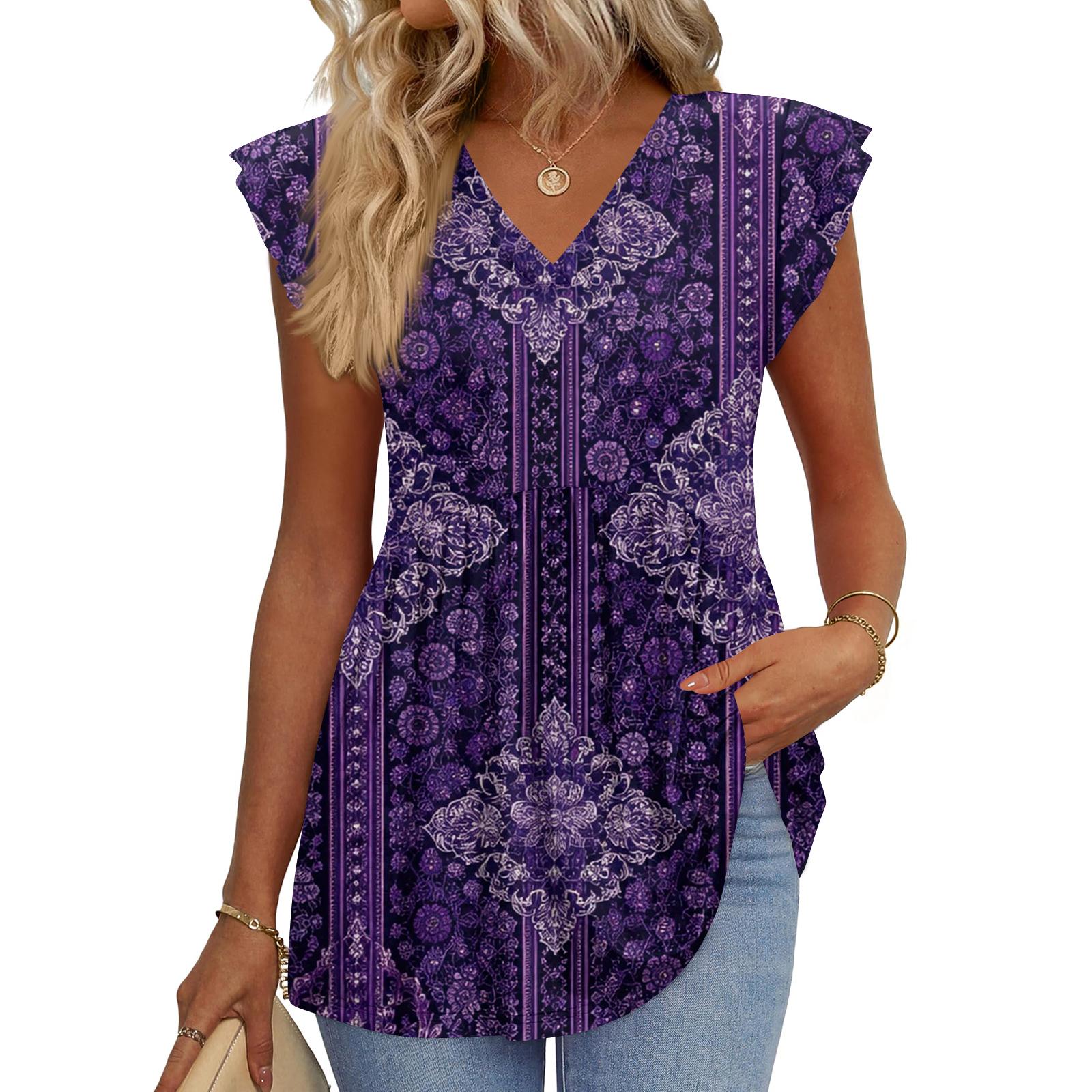 

Женские Топы Модные V-образный вырез с оборками Короткий рукав Футболка Деловой Блузки XXL фиолетовый