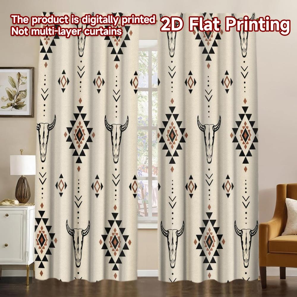 2D FLAT PRINTING 2pcs Curtains (Without Rod) Geometric Bull Skulls Pattern Chic Curtains Versatile Fabric Curtains Versatile All