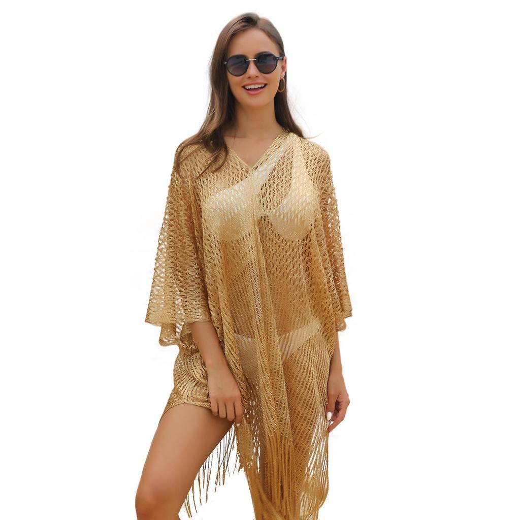 Gold & Silver Thread Pullover Beach Cover-up: Vacation Bikini Shawl