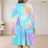 Women Plus Size V Neck Long Sleeve Colorful Swirl Printed Curved Hem Dress