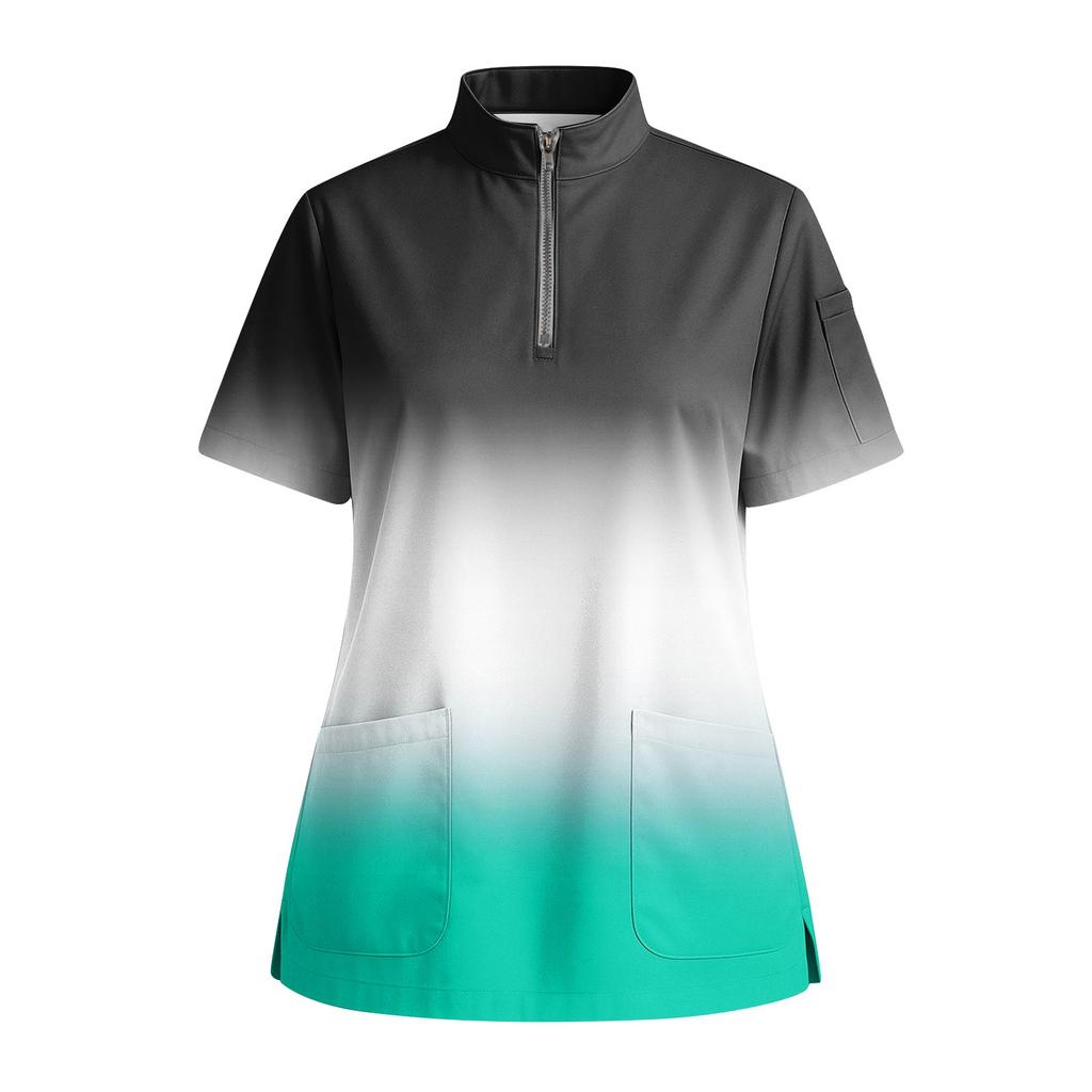 Women's Short Sleeved Printed V-neck Buttonable Side Slit Top T-shirt