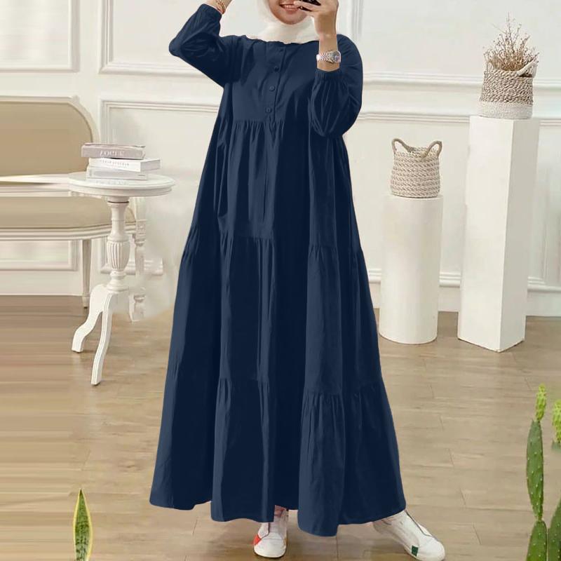 ZANZEA Women Casual Round Neck Loose Long Sleeve Muslim Dress