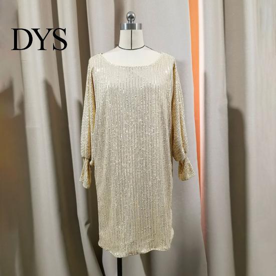Celebrity Dress Women Evening Slant Neck One Sloping Shoulder Long Sleeves Sequin Decoration Mini Loose Solid Color Prom Party Spring